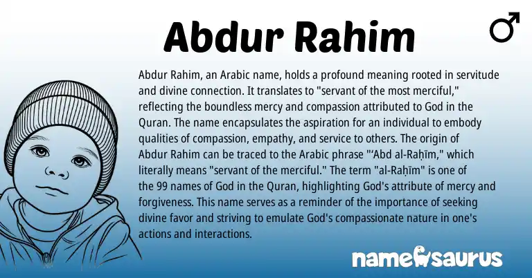Infographic about Abdur Rahim name meaning, Abdur Rahim is a name from Arabic origin(s).